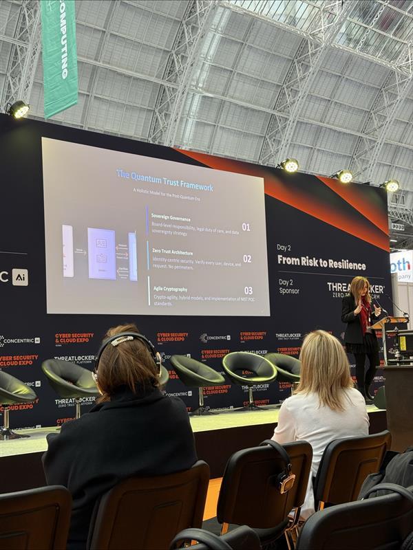Speaker presenting on the Quantum Trust Framework at the Cloud & Cyber Security Expo stage during Tech Show London.